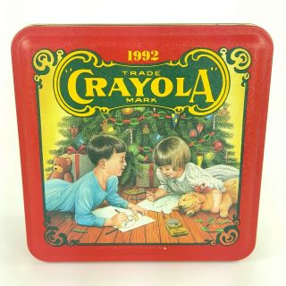 Vintage Crayola Crayons Christmas Tin Colorful Holiday Wishes Metal Box 1992 6 