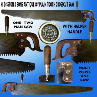 H.  Disston&sons 48 " Antique Crosscut 1 - 2 Man Plain Tooth Hand Saw W/helper Handle