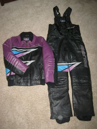Vintage Polaris Leather Snowmobile Jacket & Bibs Medium Purple Blue