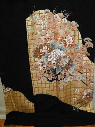 Black Silk Japanese Tomesode Kimono W/crests,  Flower Cart,  Gold Emb N562