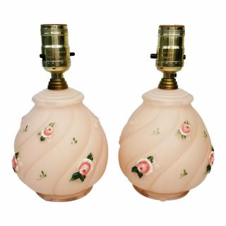 2 Vintage Pink Frosted Glass Painted Rose Floral Boudoir Bedroom Side Table Lamp