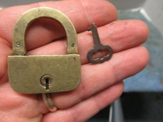 Odd Shape Old Brass Miniature Padlock Lock With A Key.  No Maker 