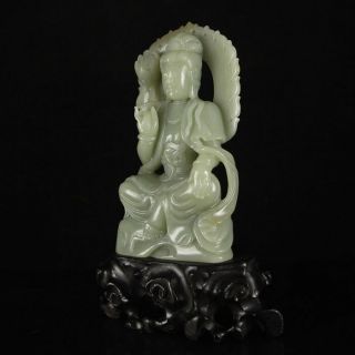 Vintage Chinese Hetian Jade Lotus Kwan - yin Statue 2