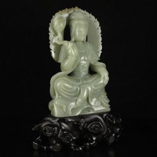 Vintage Chinese Hetian Jade Lotus Kwan - yin Statue 3