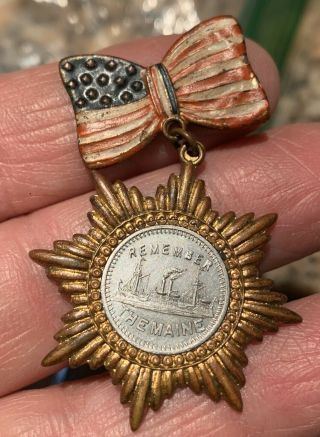 Vintage Spanish American War Pinback Pin Badge - Remember The Maine - Cuba