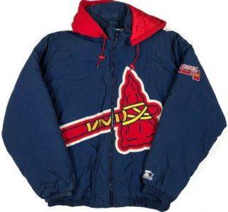 Vintage Starter Atlanta Braves Mlb Baseball Hooded Jacket 90’s Big Logo Size Xl