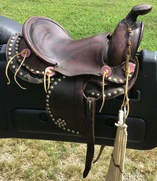 Vintage Leather Western Kid/pony Saddle W/tapaderos & Diamond Studs 0054