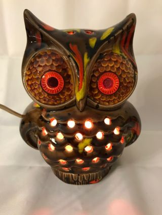 Light Up Owl Ceramic 1970s TV Lamp Kitschy Orange Yellow Brown Vintage Retro MCM 2