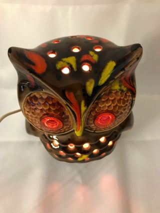 Light Up Owl Ceramic 1970s TV Lamp Kitschy Orange Yellow Brown Vintage Retro MCM 3
