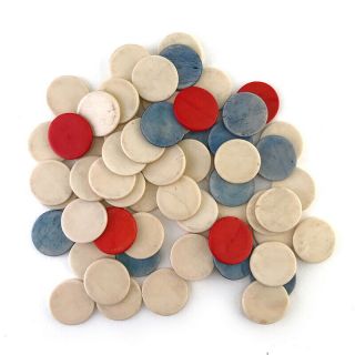 Set: 64 Antique Carved & Dyed Bone Gambling Marker Chips,  Early 20th C.