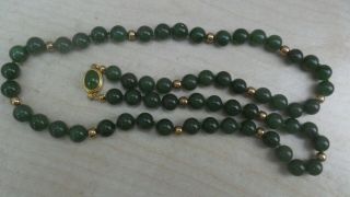 Antique Vintage Chinese Green Jade Jadeite Beaded Necklace Gold Clasp