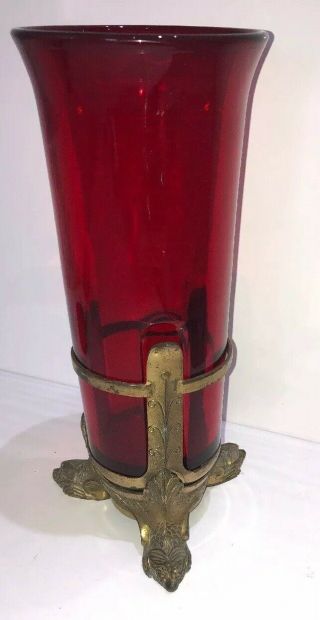 Antique Oriental Cranberry Ruby Glass Vase In Brass Stand