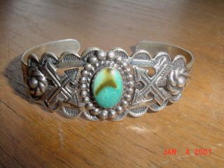 Vintage Navajo Indian Sterling Silver And Turquoise Bracelet By Silver Arrow