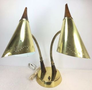 Mid Century Modern Double Cone Goose Neck Atomic Desk Lamp Wood Accents