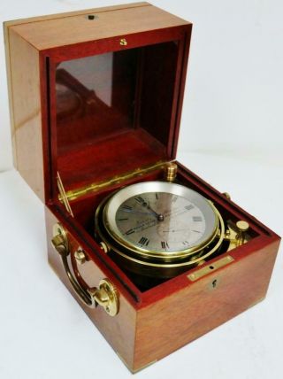 Rare London Antique English 2 Day Marine Chronometer In Mahogany Case 2
