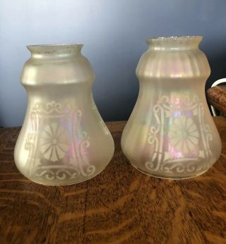 Pair Steuben Carder Era Verre De Soie Iridescent Etched Lamp Light Glass Shades