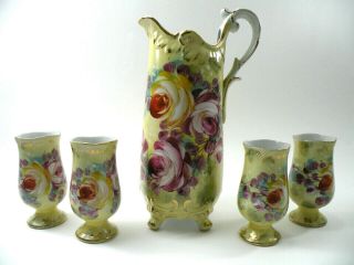 Stunning Vintage Limoges China Hand Painted 14 " Footed Water Pitcher W/goblets