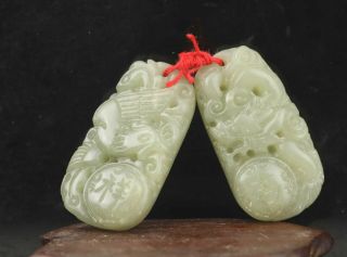 A Pair Chinese Natural Hetian Jade Hand - Carved Dragon Phenix Pendant