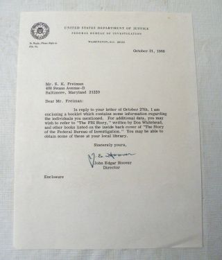 1968 J Edgar Hoover Autographed/signed Department Of Justice Letter Fbi Director