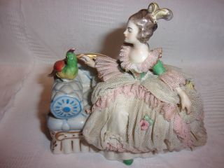 Antique Dresden Lace Figurine - Woman On Setee Couch With Bird Figurine - Lotdeb