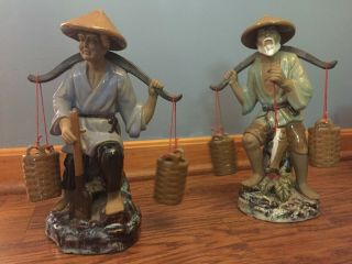 Rare Shiwan Chinese Mudman Fisherman Figurines With Baskets And Fish