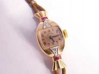 Vintage Solid 14k Gold Lady Elgin 19 Jewel Watch With 2 Diamond 4 Ruby Accents