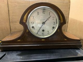 Edwardian Pearl Mahogany And Walnut Inlaid Westminster Chime Mantle Clock