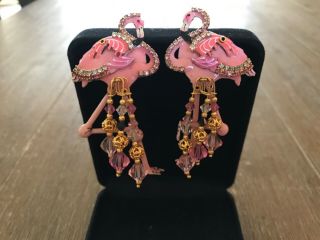 Vtg Lunch At The Ritz Flamingo Dangle Pink Earrings Comfort Clips