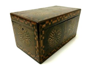 Lovely Vintage Hand Made Wooden Marquetry Tea Caddy / Lock Box