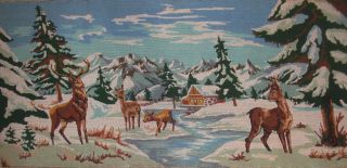 Vintage Completed Cotton Needlepoint Deer And Does In The Snow 41 " X19 " Tapestry