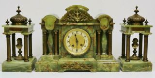 Antique French 8 Day Striking Green Onyx & Bronze Architectural Mantel Clock Set