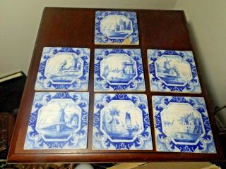 Set Of 7 Antique Dutch Holland Blue Delft Porcelain Ceramic Tiles