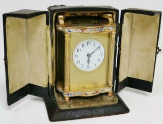 Rare Antique French 8 Day Brass & Champleve Enamel Carriage Clock In Travel Case