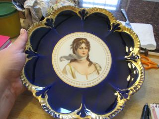 Antique Vintage Cobalt Blue Scalloped Edge Porcelain Plate Victorian Lady Center