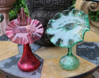 Two Antique Blown Glass Jack - In - The - Pulpit Vases Green Pink Red