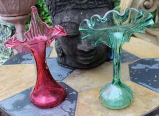 Two Antique Blown Glass Jack - in - the - Pulpit Vases Green Pink Red 2