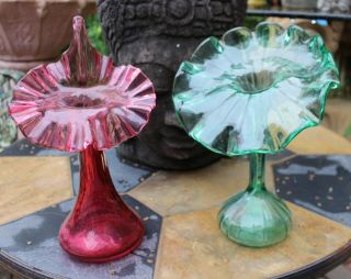 Two Antique Blown Glass Jack - in - the - Pulpit Vases Green Pink Red 3
