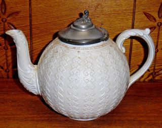 Antique J.  Dudson Salt Glaze Stoneware Teapot W/ Pewter Lid - Argyle - Repaired