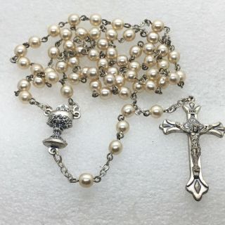 Vintage Italy Rosary Crucifix Cross Faux Pearl Strand Religious Jewelry