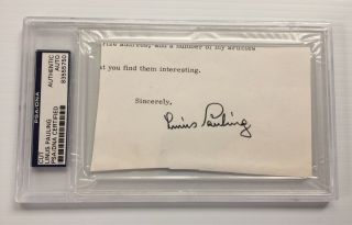 Linus Pauling Signed Autograph 3 X 5 Cut Signature Psa Slabbed - Priority