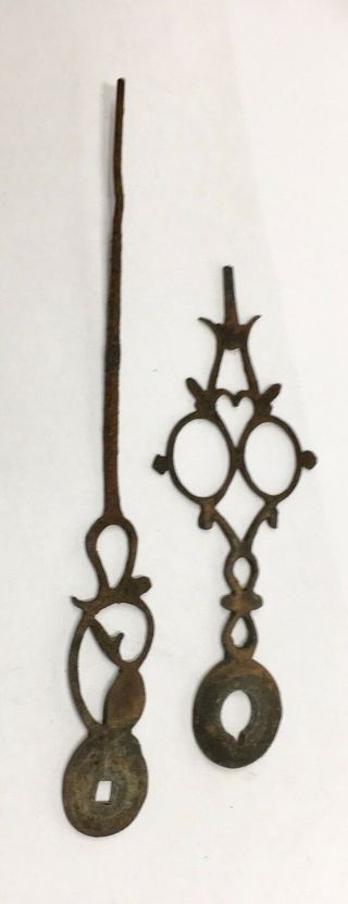 Pair Early 17 18th Century Steel Lantern Longcase Grandfather Clock Finger Hand
