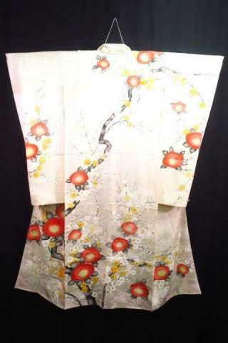 11a18004 Silk Vintage Tall Wide Japanese Kimono Furisode Branch Plum Blossom