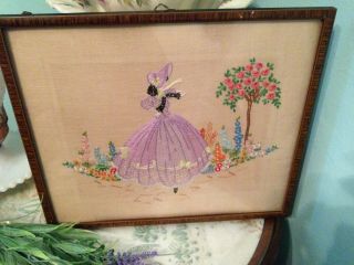 Vintage Hand Embroidered Picture Crinoline Lady Amongst Flowers