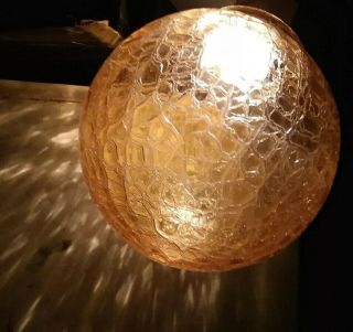 Vintage Mid Century Amber Crackle Glass Swag Pendant Hanging Light Fixture Globe