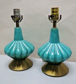 Pair Vintage Mid Century Modern Blue Aqua Teal Drip Glaze Ceramic Pottery Lamps