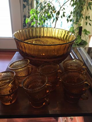 Vintage Tiara Amber Sandwich Glass Punch Bowl And 12 Cups Set