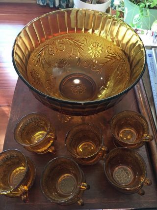 Vintage Tiara Amber Sandwich Glass Punch Bowl and 12 Cups Set 2