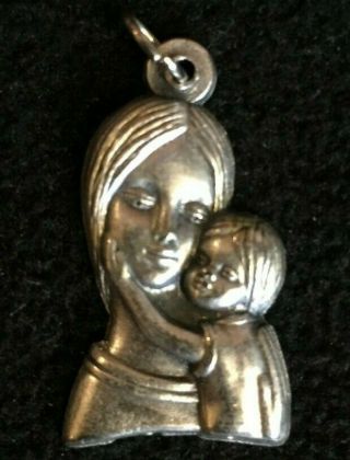 Vintage Devotional Virgin Mary With Child Baby Jesus Pendant Charm Silver - Tone