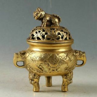 Chinese Old Brass Handwork Carved Beast Incense Burner W Xuande Mark