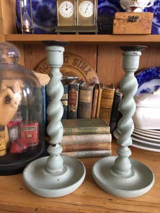Antique Painted Barley Twist Turned Wood Candlesticks 12 " Height